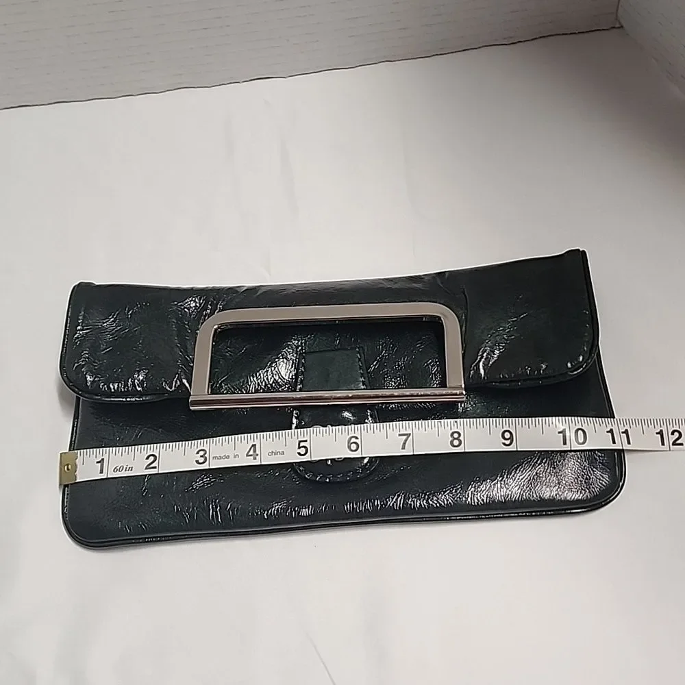 Leonello Borghi Y2K Style Dark Green Fold Over Clutch With Silvertone Hardware